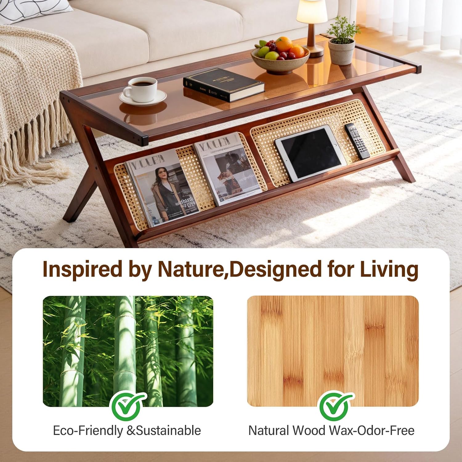 Tiita Rattan Coffee Table, Bamboo Accent Bedside Tables, Glass Nightstand Side Table, Boho Wooden End Table with Storage for Living Room,Living Room, Dining Room, Tea, Home Décor