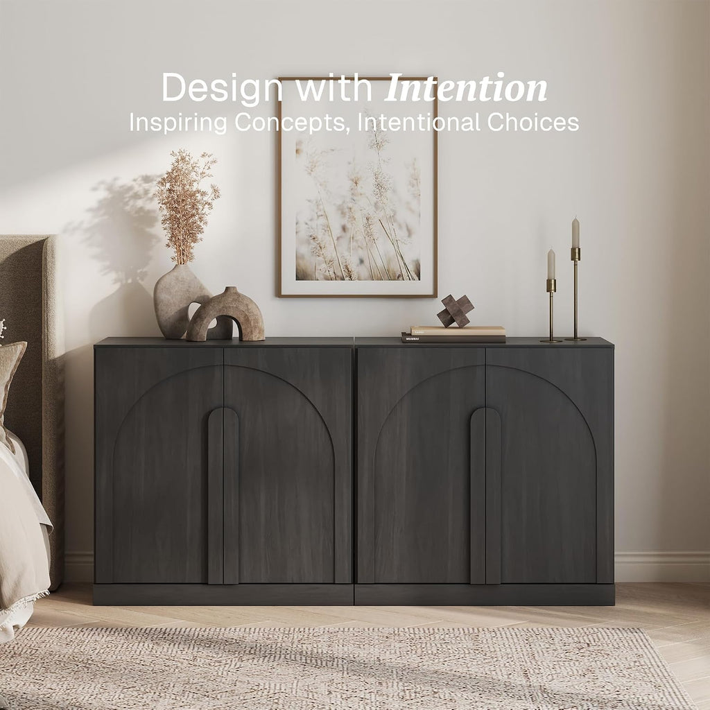 BELLEZE Set of 2 Modern Buffet Cabinets (63' Wide)-Large Sideboard Credenza with Arched Doors-Seamless Hidden Storage Console for Dining Room & Living Area-Ebony
