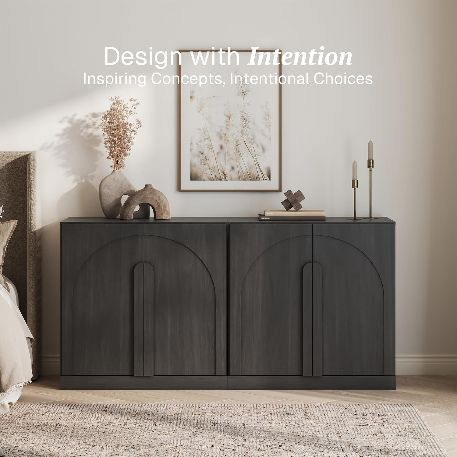 BELLEZE Set of 2 Modern Buffet Cabinets (63' Wide)-Large Sideboard Credenza with Arched Doors-Seamless Hidden Storage Console for Dining Room & Living Area-Ebony