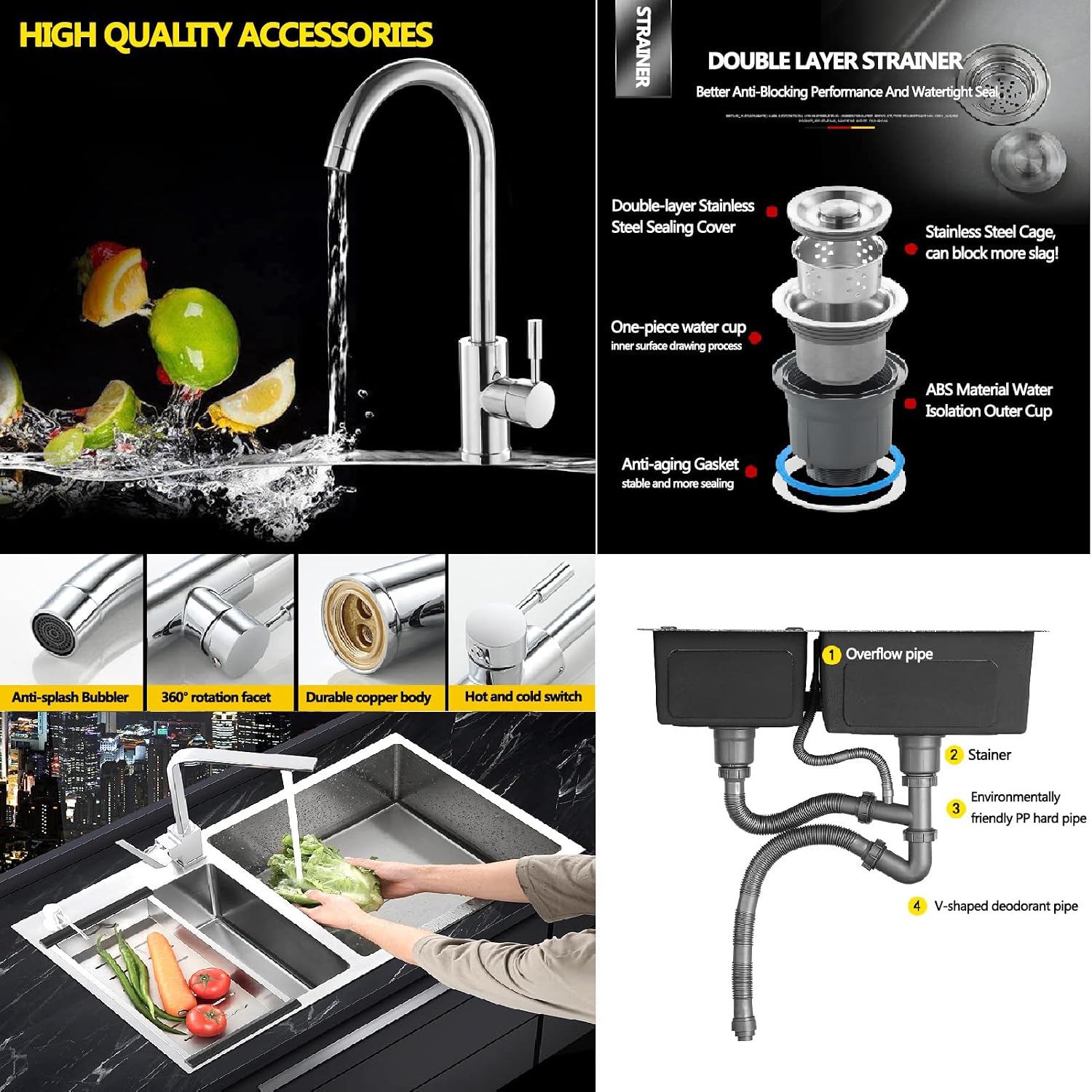 Kitchen Sinks Drop in with Faucet, Undermount Farmhouse Kitchen Sinks for Granite Countertops, Workstation Sink Drop in 32, Double Bowl Sink Stainless Steel with Accessories