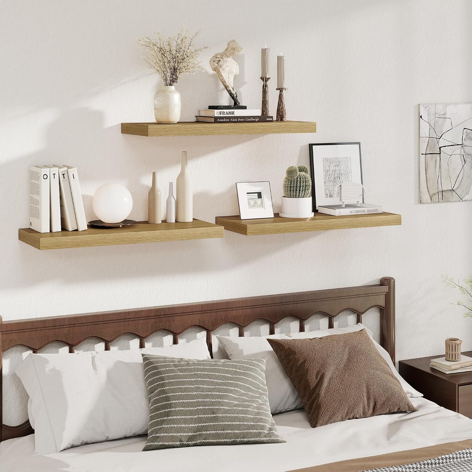 Fun Memories 12 Deep Floating Shelves for Wall | 30W x 12D Large Floating Shelves | 3 Pack Storage Space Wall Mount Shelf for Living Room Bathroom Toilet Laundry Room Kitchen Home Office - Oak