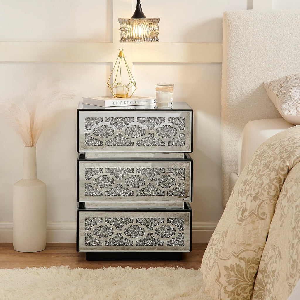Mirrored Bedside Nightstand, Modern Side Table with 3 Drawers, Silver Accent End Table with Crushed Diamonds for Bedroom, Dorm and Living Room