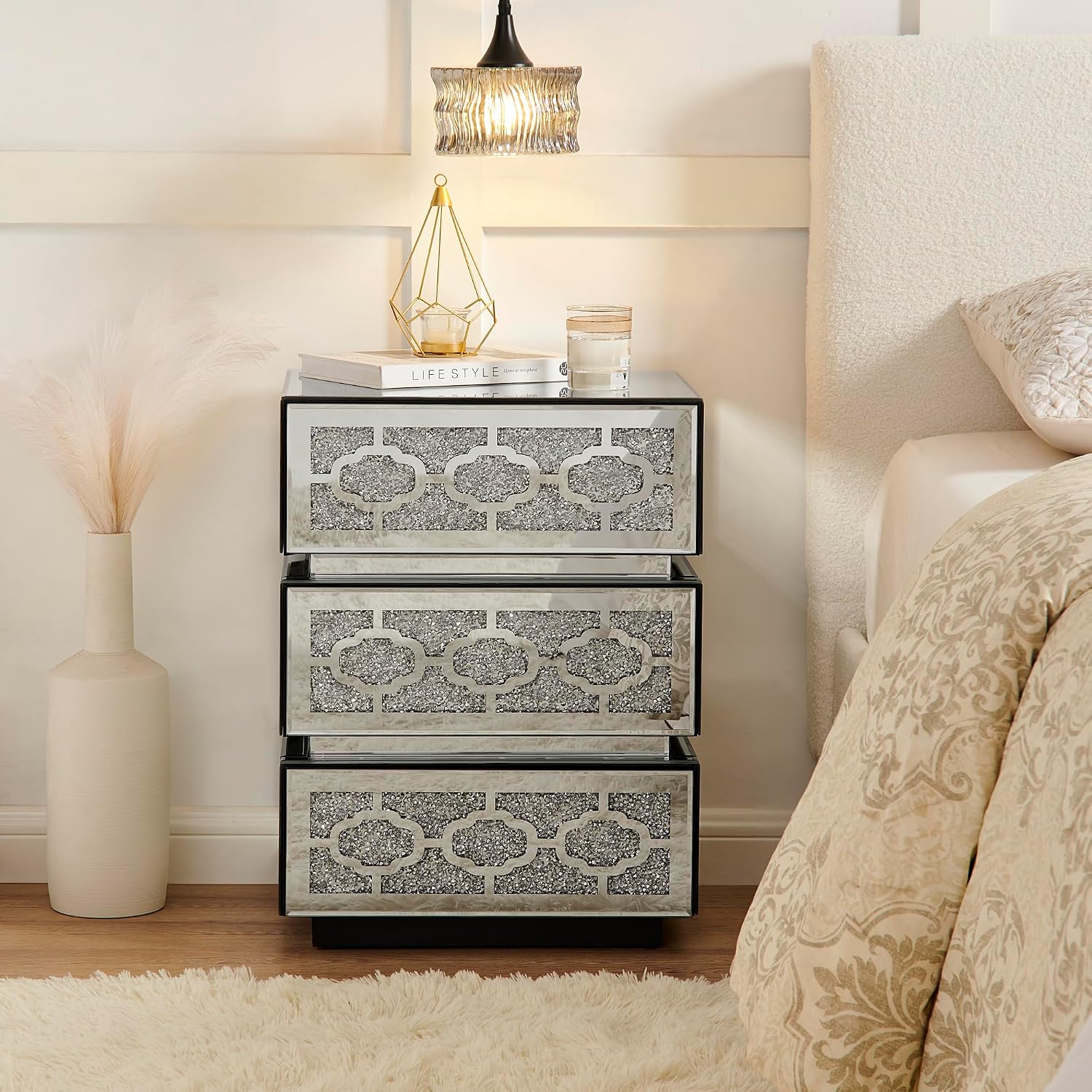 Mirrored Bedside Nightstand, Modern Side Table with 3 Drawers, Silver Accent End Table with Crushed Diamonds for Bedroom, Dorm and Living Room