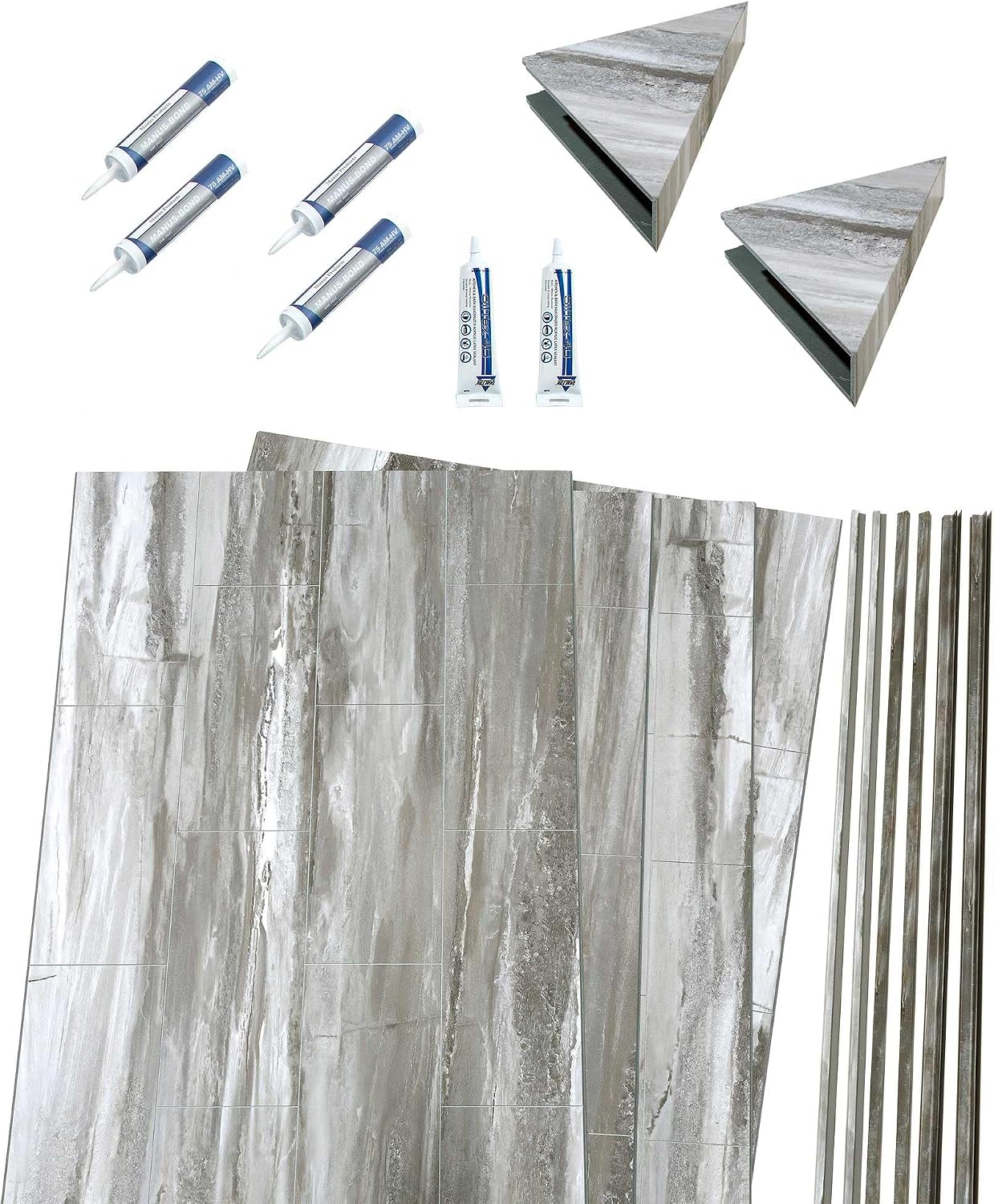 Palisade Vinyl Shower Surround Kit 78in x 60in x 30in, Urban Cliff | Waterproof PVC wall panels, grout-free design, bathroom renovation, coordinating trim, shelves, adhesive and sealant included