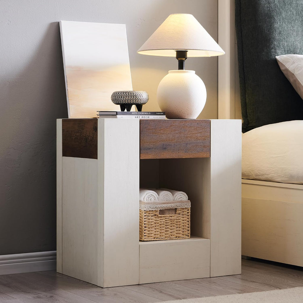 OKD Modern Nightstand with Charging Station, 24' Large Bedside Table, Rustic End Table with Drawers & Open Shelf for Bedroom/Living Room, Night Stand Wood Thick Design,Antique White