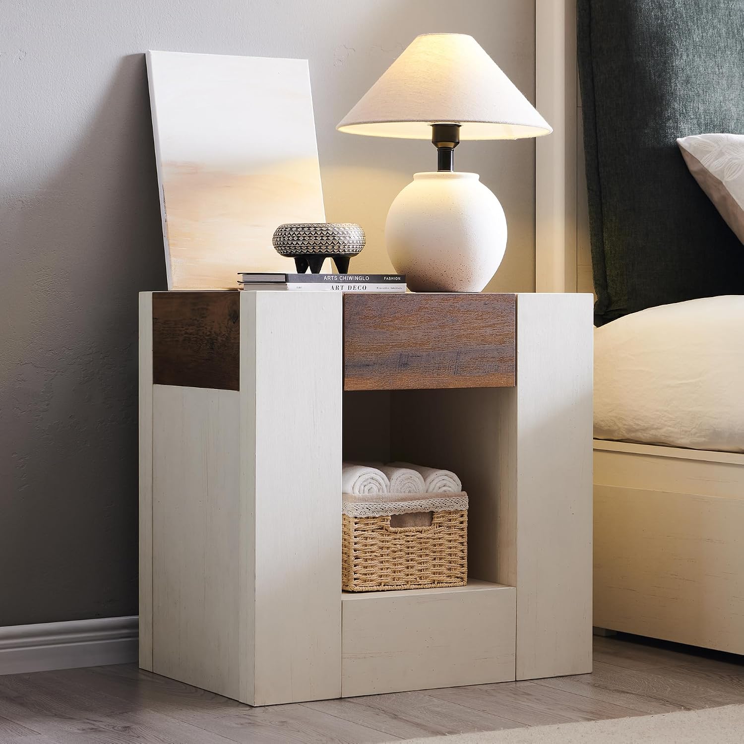 OKD Modern Nightstand with Charging Station, 24' Large Bedside Table, Rustic End Table with Drawers & Open Shelf for Bedroom/Living Room, Night Stand Wood Thick Design,Antique White