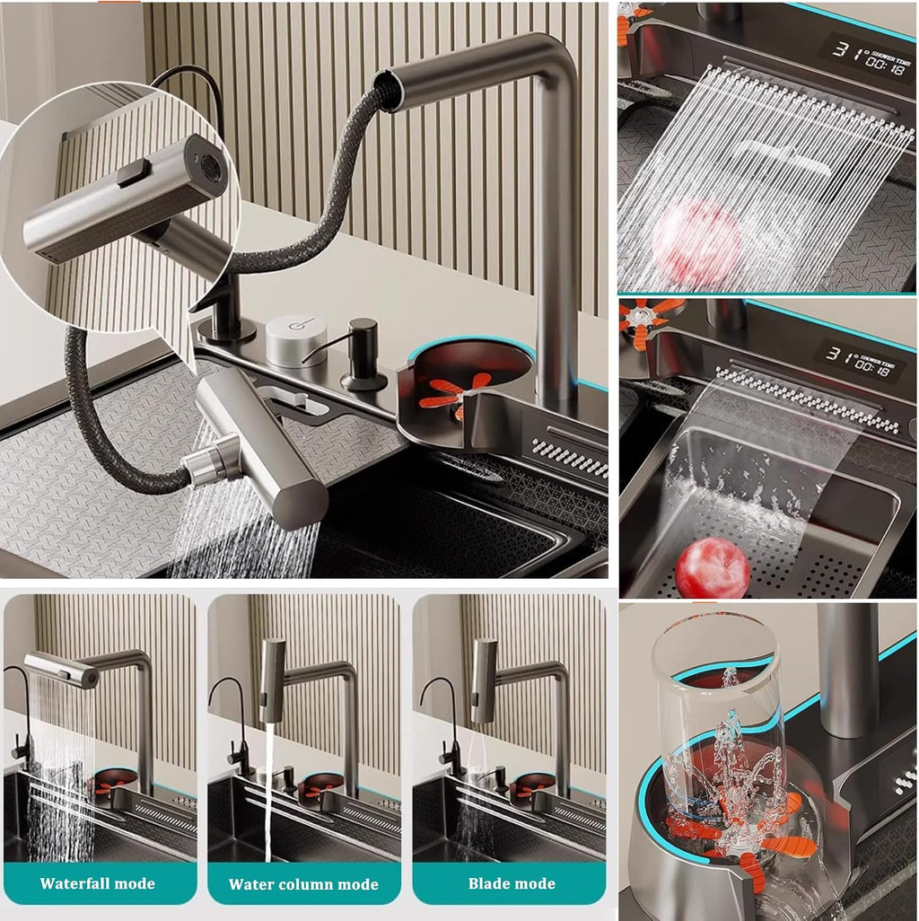 304 Stainless Steel Sink,Multi-Function Kitchen Sink,Single-Bowl Sink Waterfall Faucet Complete Accessories for Bar Restaurant Hotel Home (Dark Grey-75X45X22CM