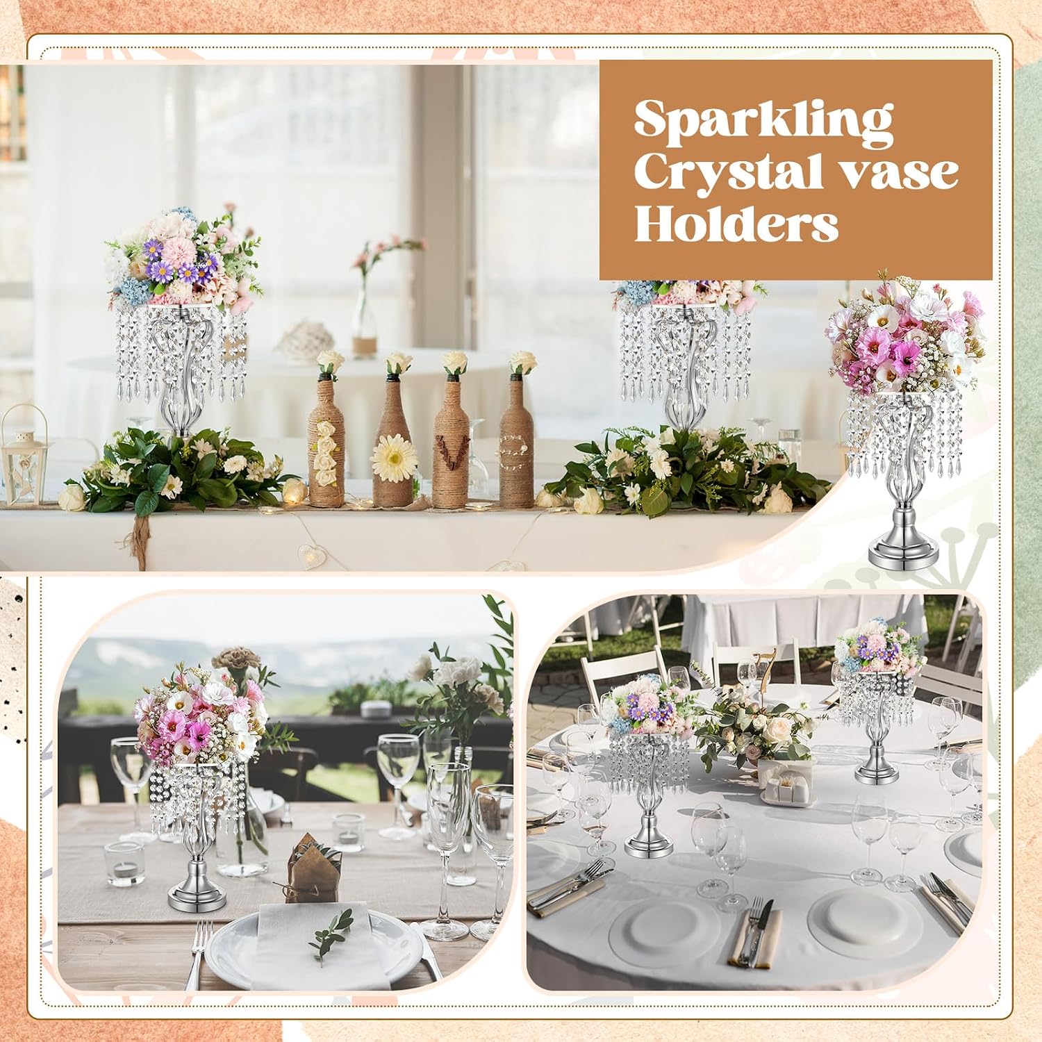 Didaey 16 Pcs Wedding Centerpieces for Tables, Gold Silver Vase Centerpiece with Chandelier Crystal Metal Flower Stand, Tall Flower Vases for Wedding Party Home Decoration(Silver,12.6')