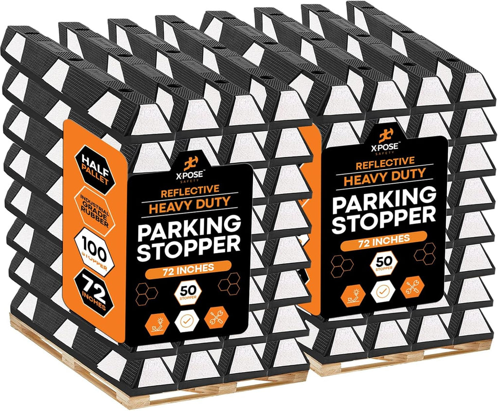 Xpose Safety 72' Heavy Duty Rubber Parking Stopper – Bulk 2 Full Pallets 100 Pack Wheel Blocks for Garage, Driveway, or Ramp – Car Bumper Stop with White Reflective Strips – Removable Floor Mount