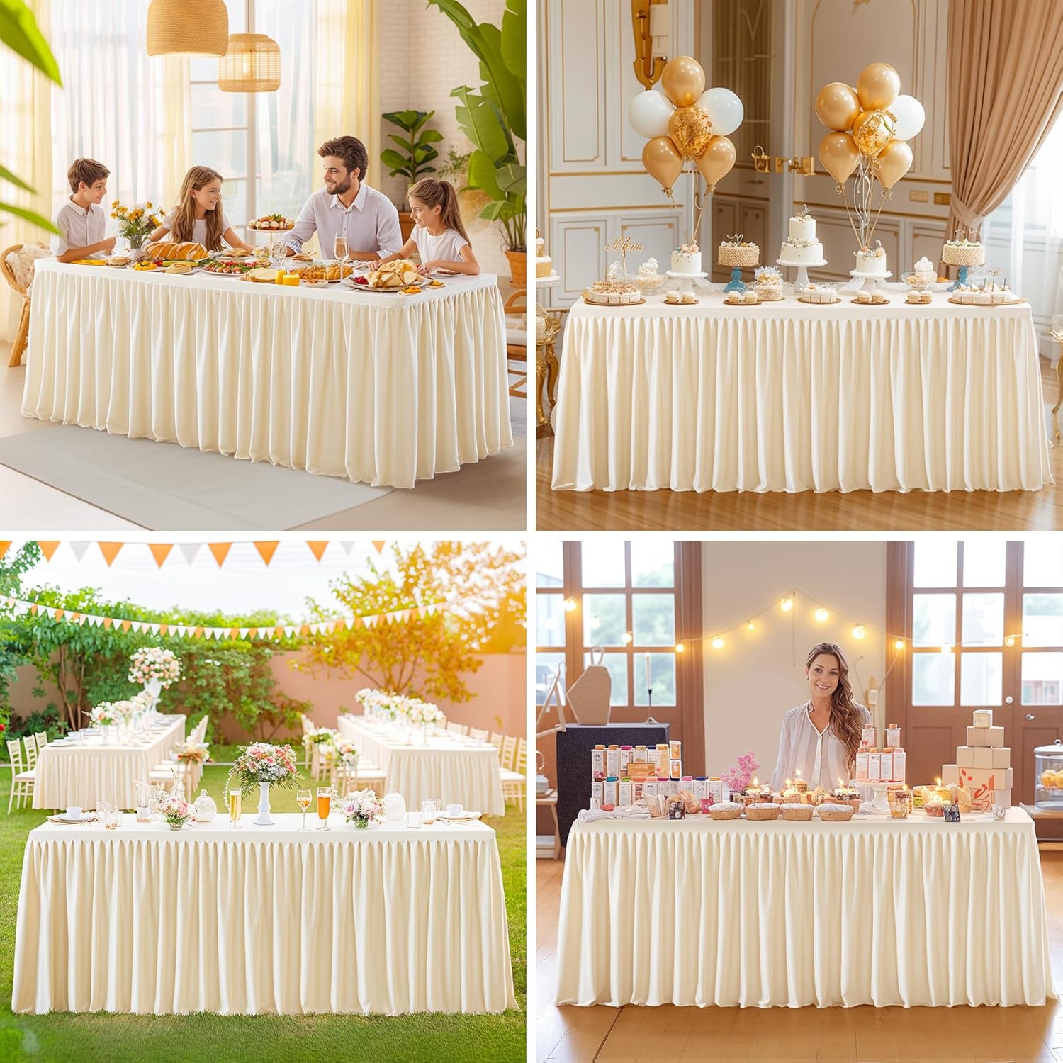 6 Pack Champagne Tablecloths for Rectangle Tables 6ft, Wrinkle Resistant Spandex Tablecover Fitted Stretch Table Cloth with Pleated Ruffle Table Skirts for Party Banquet Dining Birthday Wedding