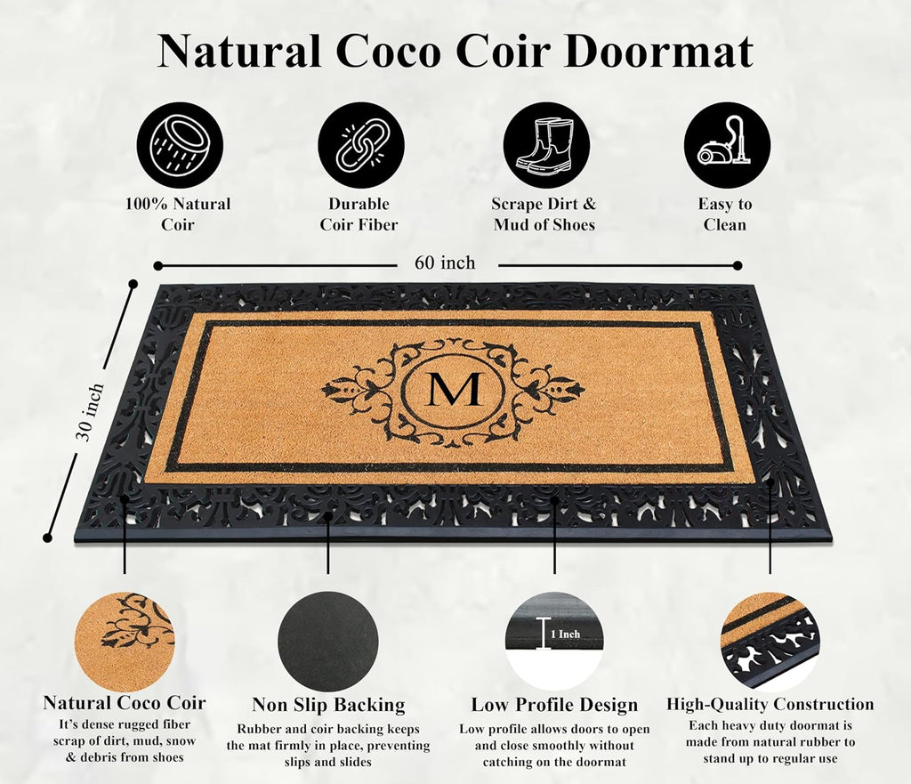 A1HC Natural Coir Doormat for Outside Entrance, Anti-Shed Treated Front Door Mat 30' x 60', Long Lasting Front Porch Entry Matt Monogrammed - M (Floral Black)