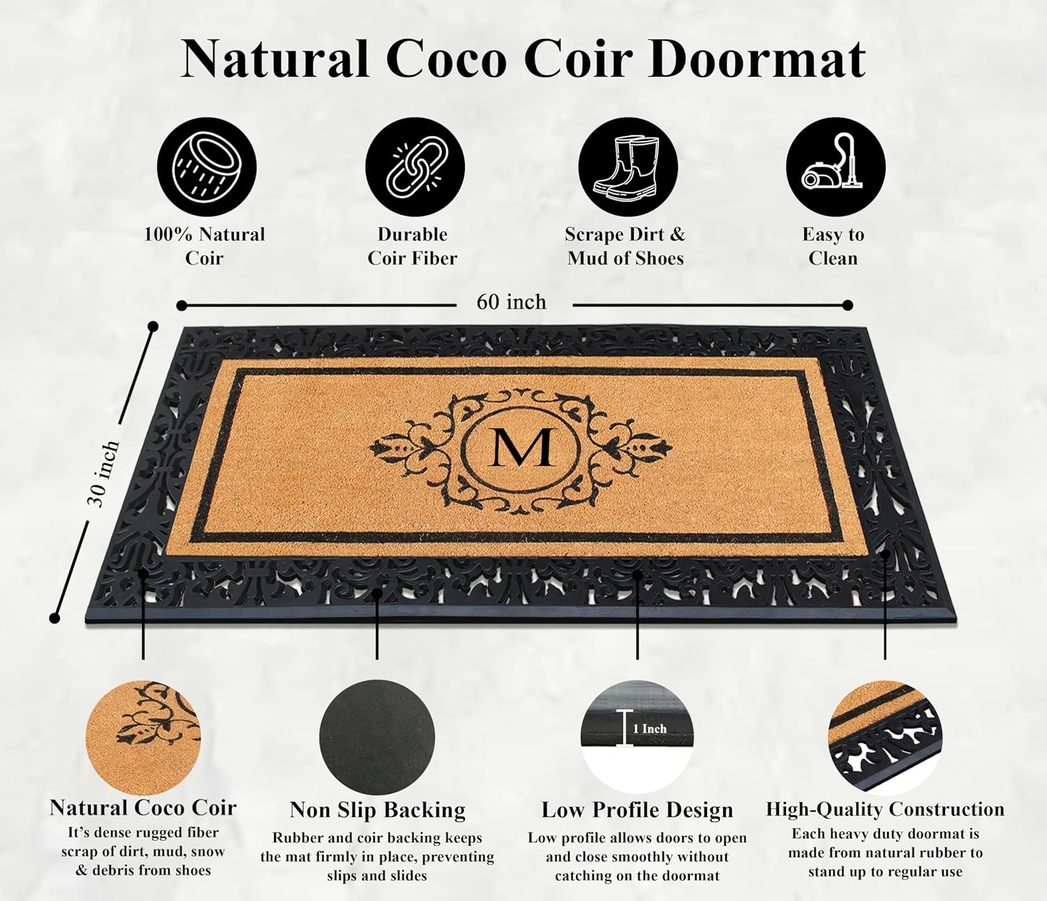 A1HC Natural Coir Doormat for Outside Entrance, Anti-Shed Treated Front Door Mat 30' x 60', Long Lasting Front Porch Entry Matt Monogrammed - M (Floral Black)