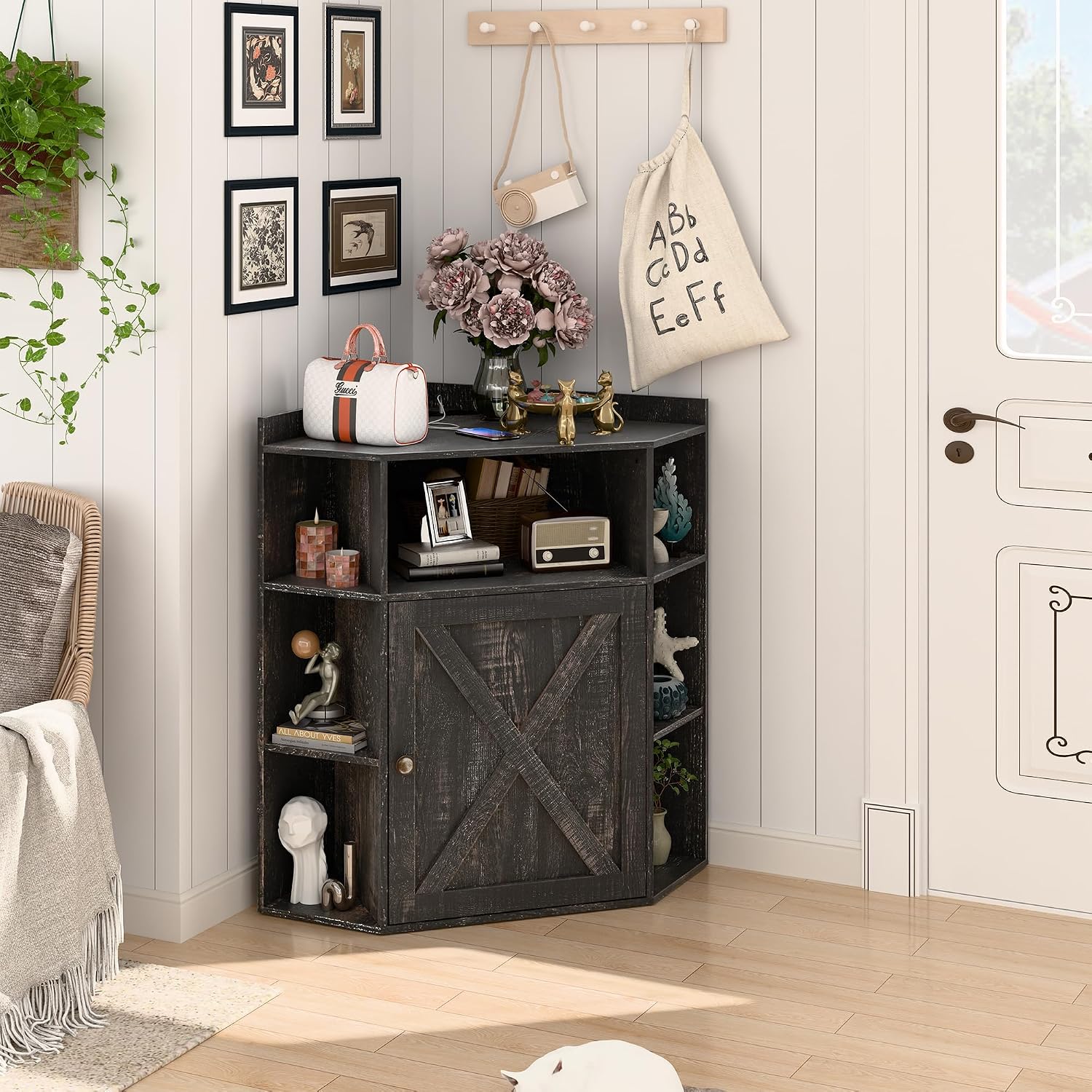 Halitaa Corner Storage Cabinet, Farmhouse Corner Bookshelf with Storage 6-Cubby Wooden Cabinet with USB Ports and Outlets Industrial Organizer for Small Space, Study, Playroom, Living Room
