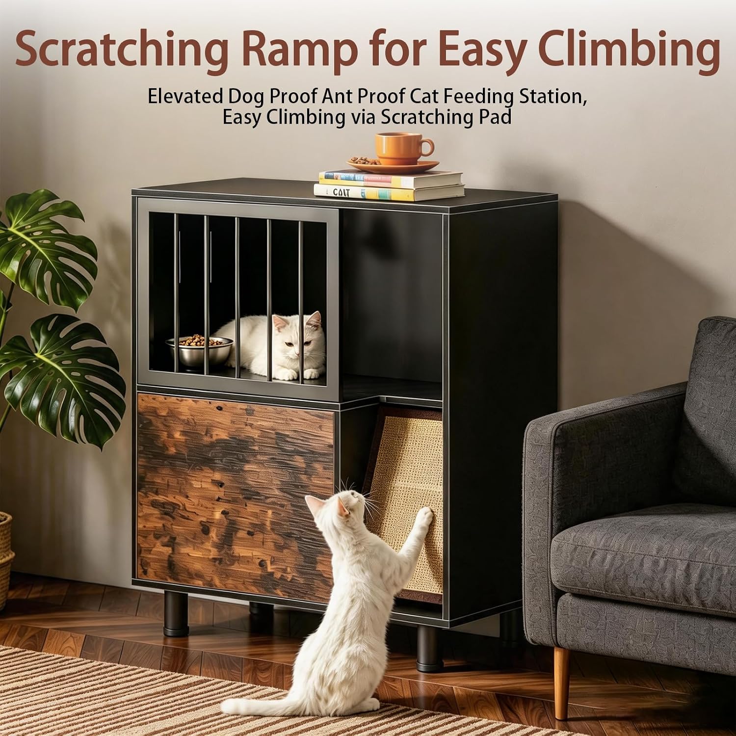 Dog Proof Cat Feeder Station – Elevated Feeding Table with Stainless Steel Bowls, Scratching Board & Storage Locker, Anti-Dog, Sturdy, Easy Assembly, Outdoor Wood Furniture