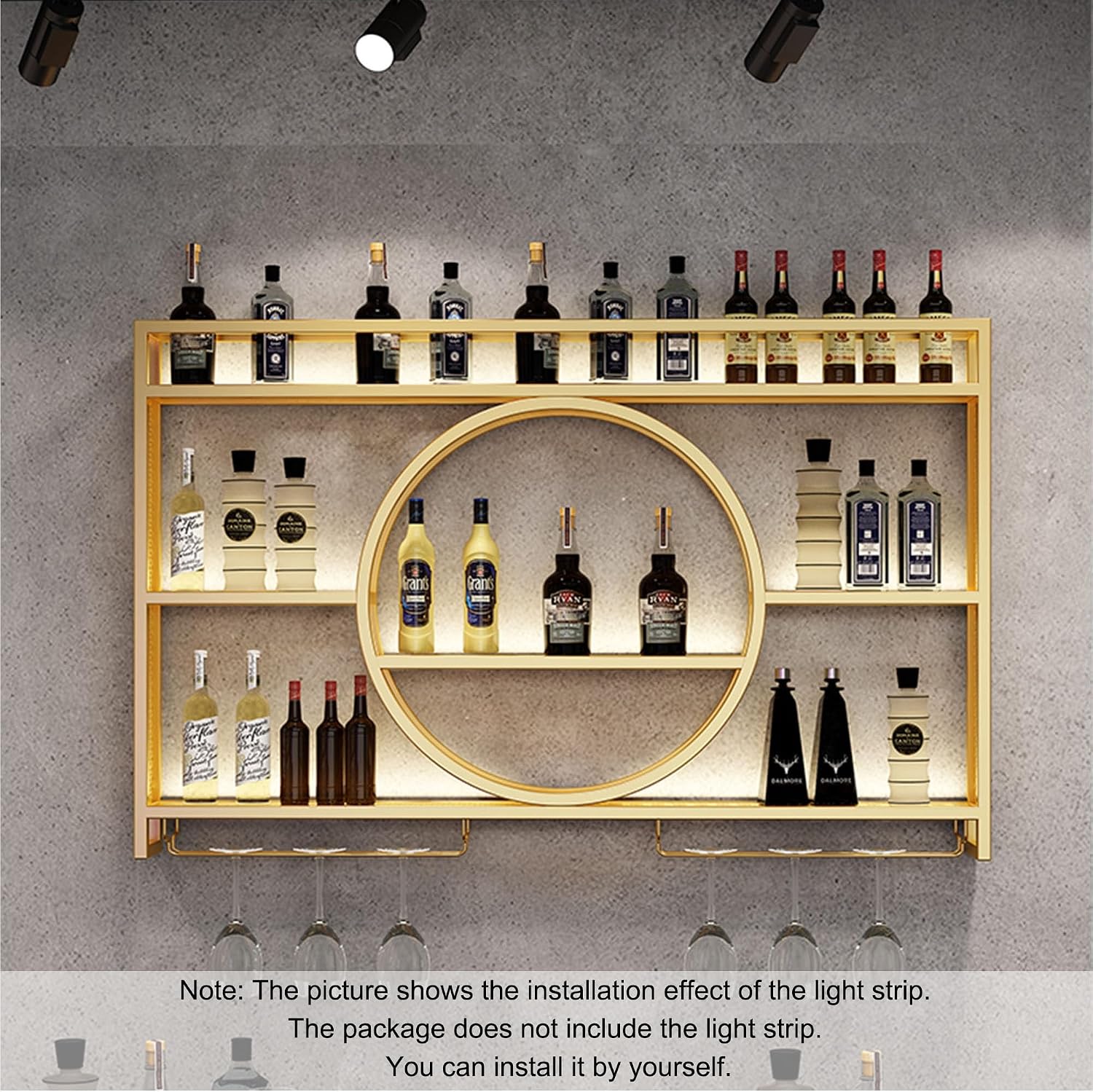 Wine Rack Bar Shelves Wall Mounted with Hanging Wine Glass Rack Mini Bar Liquor Cabinet Bar Bottle Display Shelf Whiskey Shelf Corner Bar Kitchen Storage Shelves for Home Bar Dining Room Cafe Kitchen