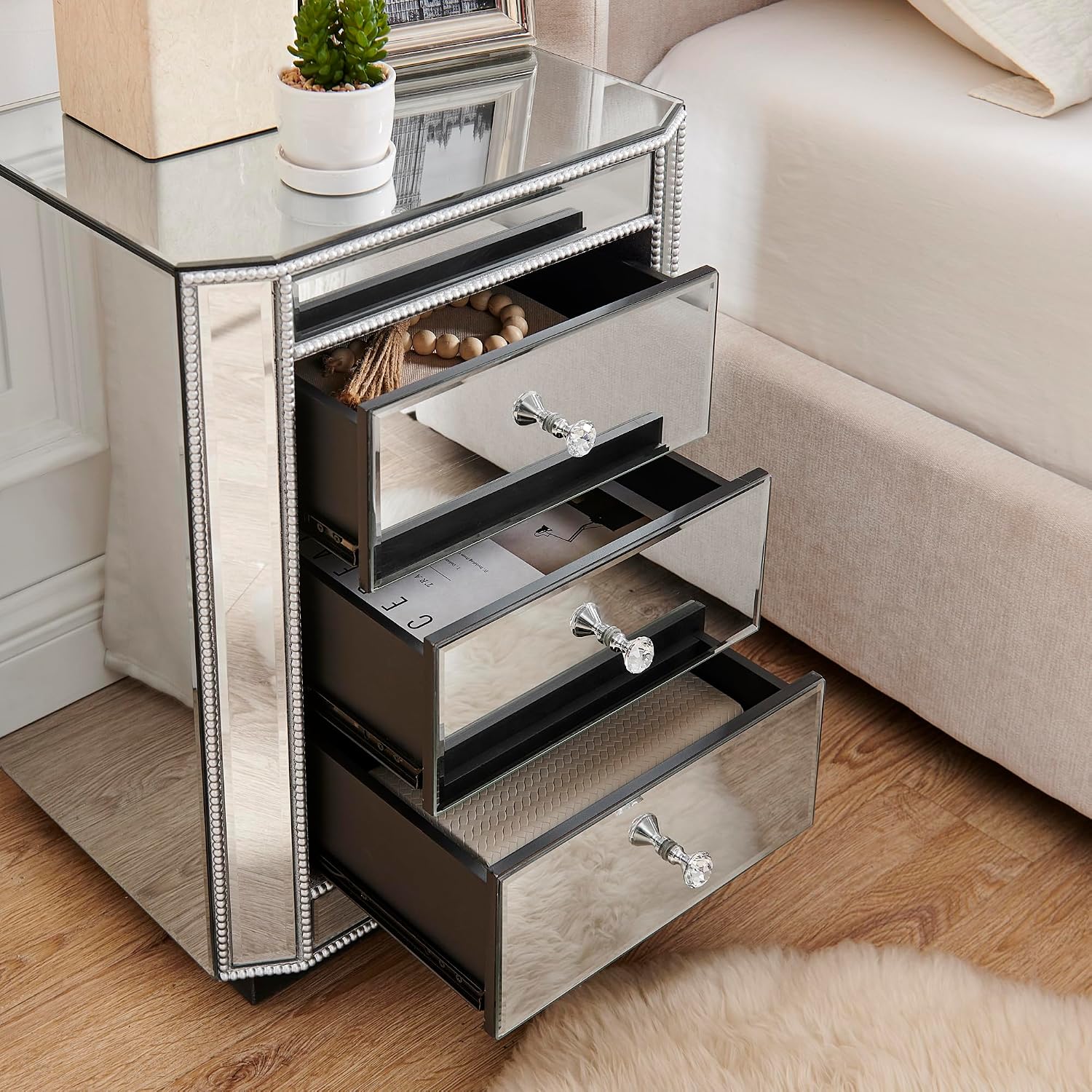 3-Drawer Mirrored Nightstand Bedside Table, Modern Mirrored End Side Table for Living Room, Bedroom, Entryway