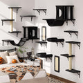 12-in-1 Cat Wall Shelves, Wall Mounted Cat Climber with Condo House, Scratching Post, Bridge Ladder, Space-Saving Indoor Play Furniture for Kittens, Black