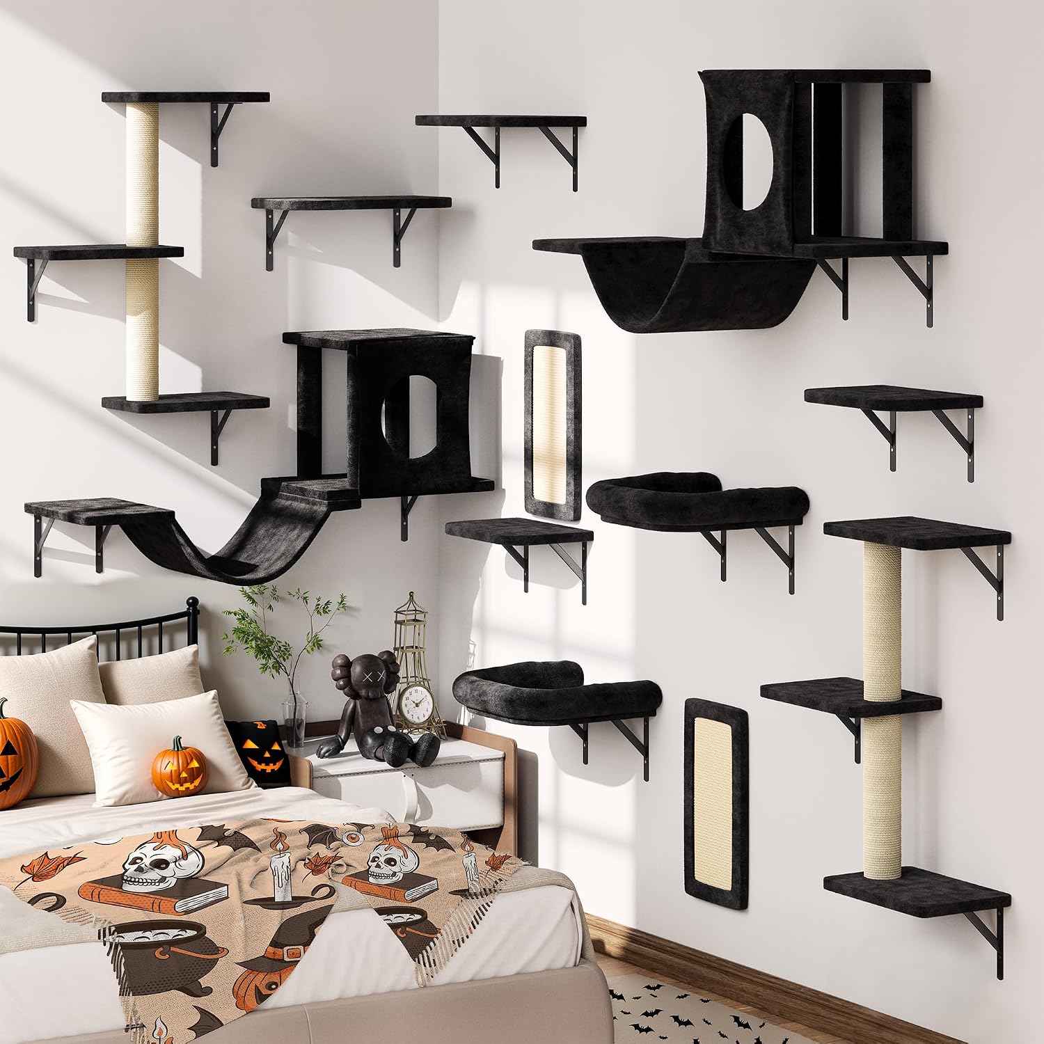 12-in-1 Cat Wall Shelves, Wall Mounted Cat Climber with Condo House, Scratching Post, Bridge Ladder, Space-Saving Indoor Play Furniture for Kittens, Black