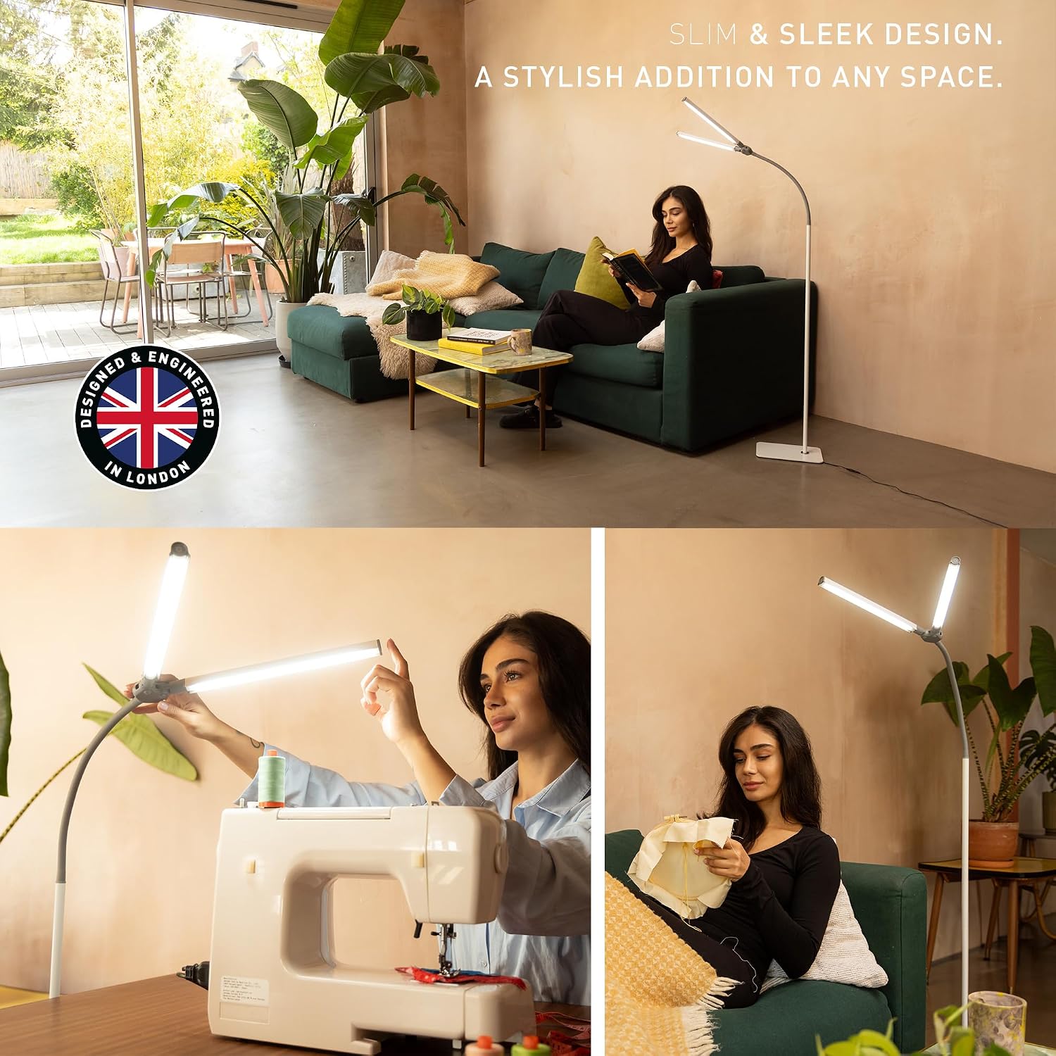 DuoLamp Floor LED Lamp - 6,000K Daylight, 2,090 Lux at 30cm, 4 Brightness Levels, Adjustable Arm, Slim Design, Perfect for Eyelash, Eyebrow, Tattooing, Salon Services - White