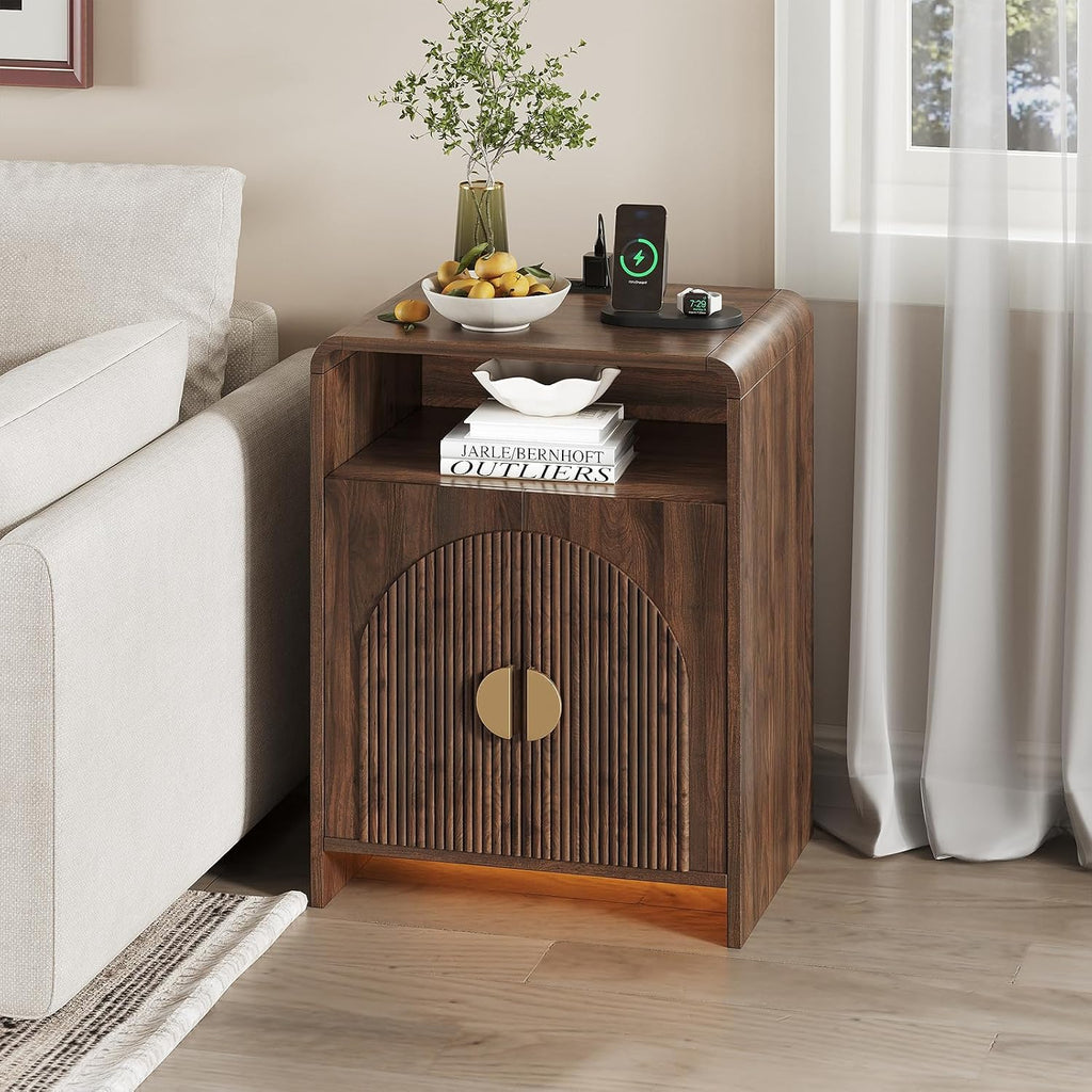 Nightstand with Charging Station and LED Lights, Night Stands with Adjustable Storage Cabinet, Modern Side Table with Fluted Doors and Open Storage, Bedside Table for Bedroom, Walnut