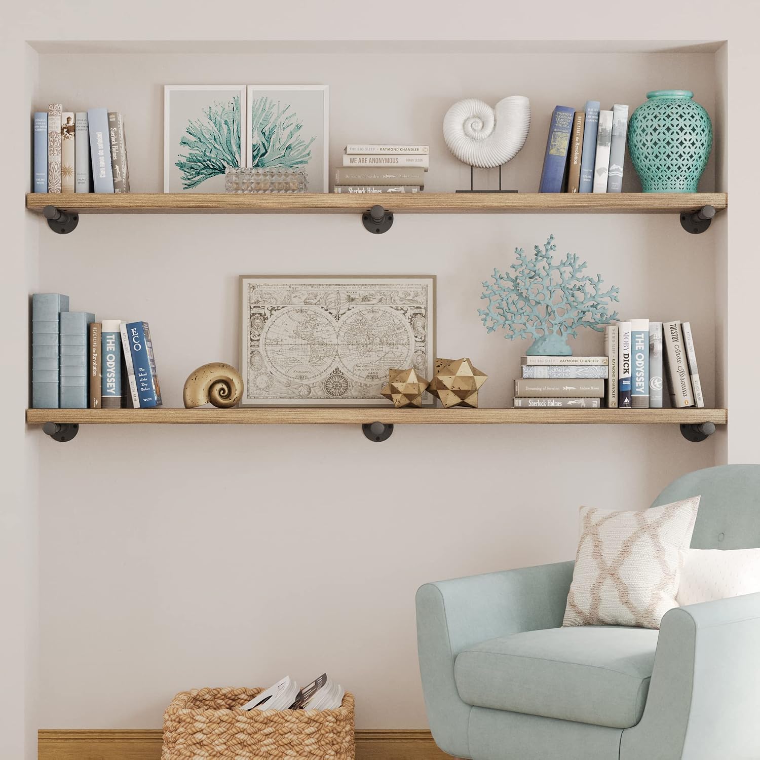 Wallniture Pipe 72' Long Rustic Floating Wall Shelf, Book Shelf for Wall, Industrial Pipe Shelving for Bedroom, Office and Living Room Decor, Burnt Finish, Real Wood