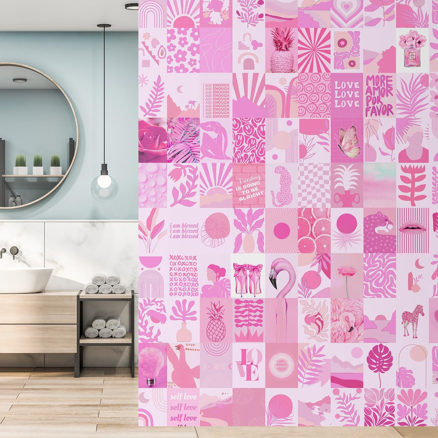 MUDECOR Wall Mural Playful Pink Pop Culture Dynamic Collage of Modern and Retro Removable Self-Adhesive Wallpaper Wall Decoration for Teen Girls Bedroom Dorm Living Room - 120'x72'