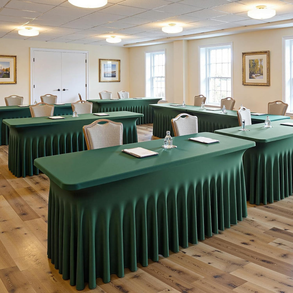 6 pk Hunter Green Spandex Tablecloth for 6 Foot Rectangle Tables, Wrinkle Free Fitted Spandex Table Covers 6ft Green Stretch Table Cloths with Ruffle Skirt for Parties Weddings Banquet Baby Shower