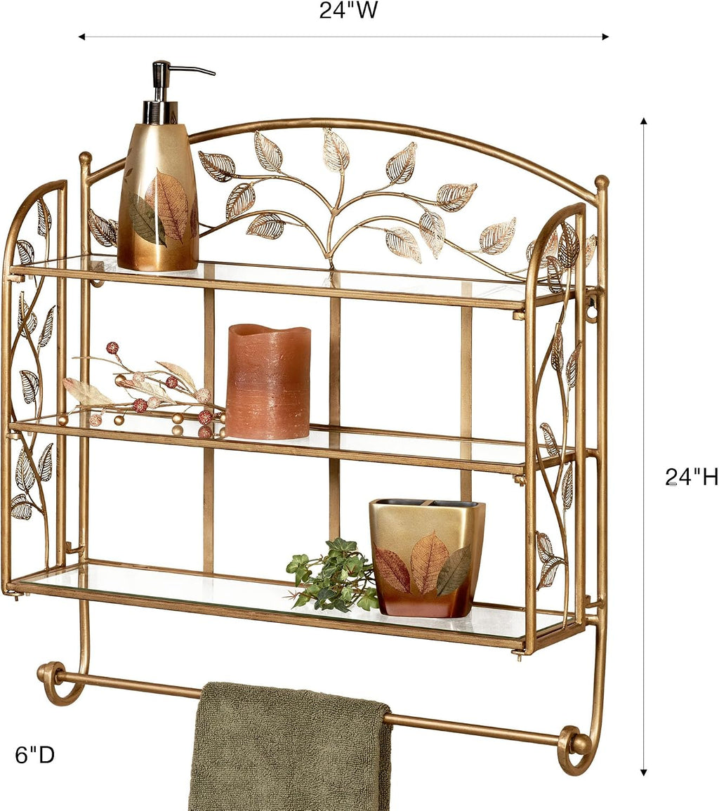 Touch of Class Eden Powder Coated Metal Wall Shelf with Glass Shelves and Towel Bar Champagne Bronze 24' Wx6 Dx24 H