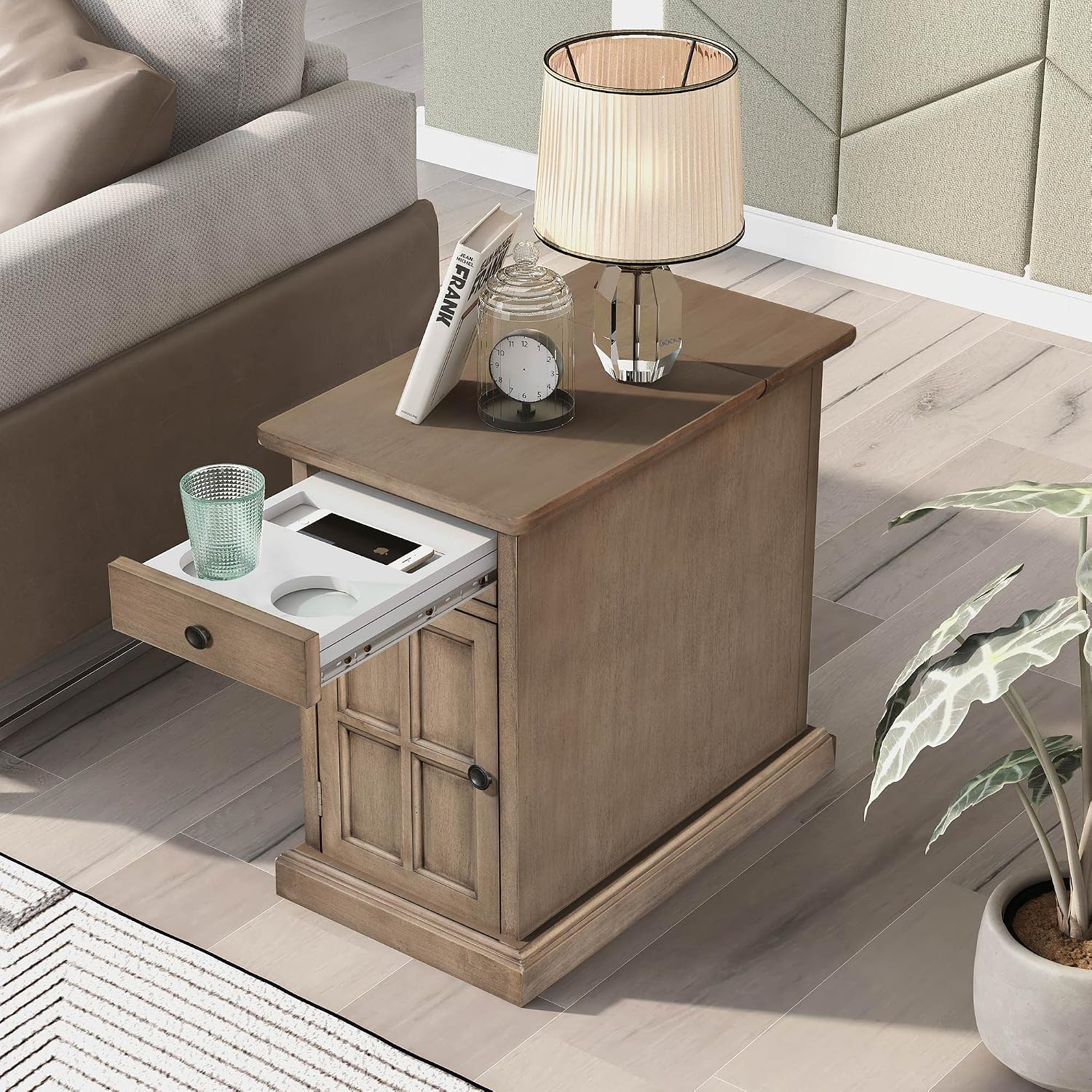 Multifunctional Classic Vintage End Table with USB Ports and 1 Drawer with Cup Holders, Sofa Side Table Bedside Nightstand Narrow Table for Living Room Bedroom (Antique Brown)