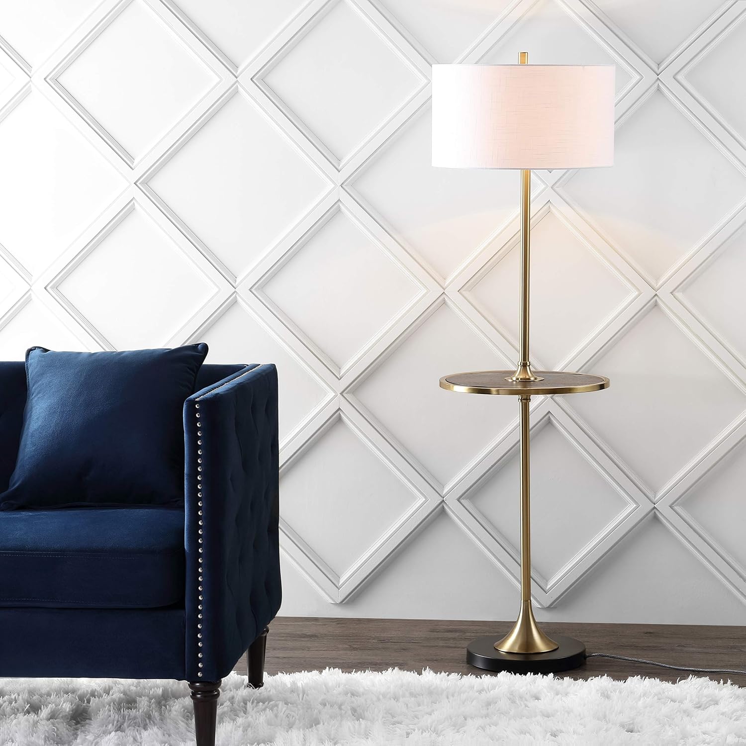 JONATHAN Y 59' Black/Brass Gold Floor Lamp with Integrated Wood Side Table, Contemporary Metal Standing Lamp for Living Room, White Linen Shade, LED Bulb Included, UL Listed JYL3056A