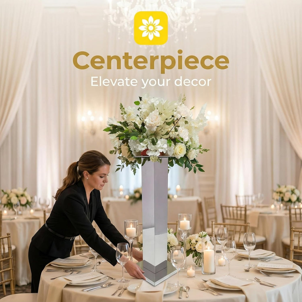 2PCS Tall Silver Vases for Centerpieces,31.5inch Stainless Steel Column Geometric Centerpieces Wedding Flower Stand Flower Floor Vase for Tables Wedding Anniversary