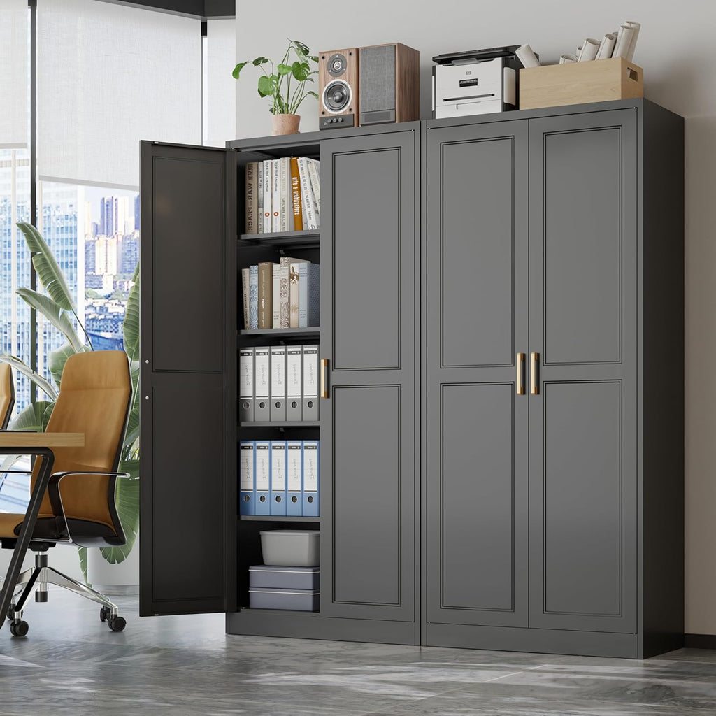 71' Tall Kitchen Storage Cabinet with Gold Handles, Metal Pantry Cabinets with 2 Doors, Food Pantry, Adjustable Shelves, Black Freestanding Pantry Cupboard for Dining, Kitchen, Living Room