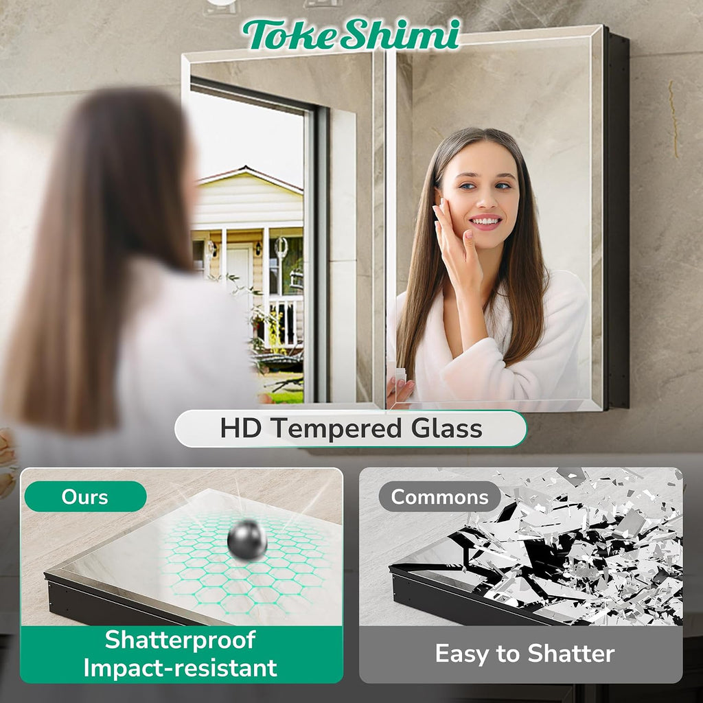 TokeShimi 14 x 24 Medicine Cabinet with Mirror, Assembly Required, Black Recessed Bathroom Medicine Cabinet with Tempered Beveled Mirror, Stepless Adjustable Shelves, DTC Hinge