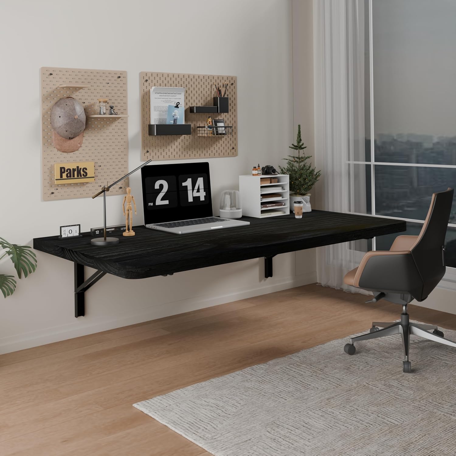 IAE Floating Wall Mounted Folding Table Desk with Pine Wood,36' x 22' Folding Workbench,Fold Down wall Mounted Foldable Table with Shelf Brackets,Laundry Folding Table for Apartment,Home,Kitchen,Black