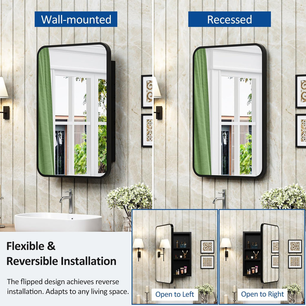 ACEMIRO 16x24 Inch Black Mirror Medicine Cabinet Metal Framed Recessed Wall Mounted Bathroom Medicine Cabinet with Mirror and Storage