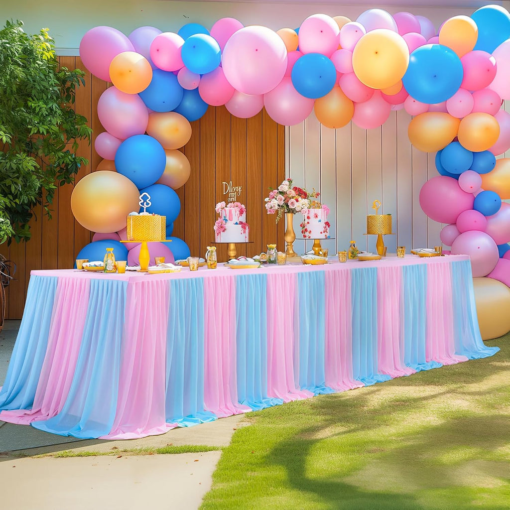 Besutolife Blue Pink Tulle Tablecloth for Rectangle Tables 3 Sides for Wedding Birthday Party Baby Shower Cake Dessert Buffet Banquet Table Decorations 4ft 6Pack
