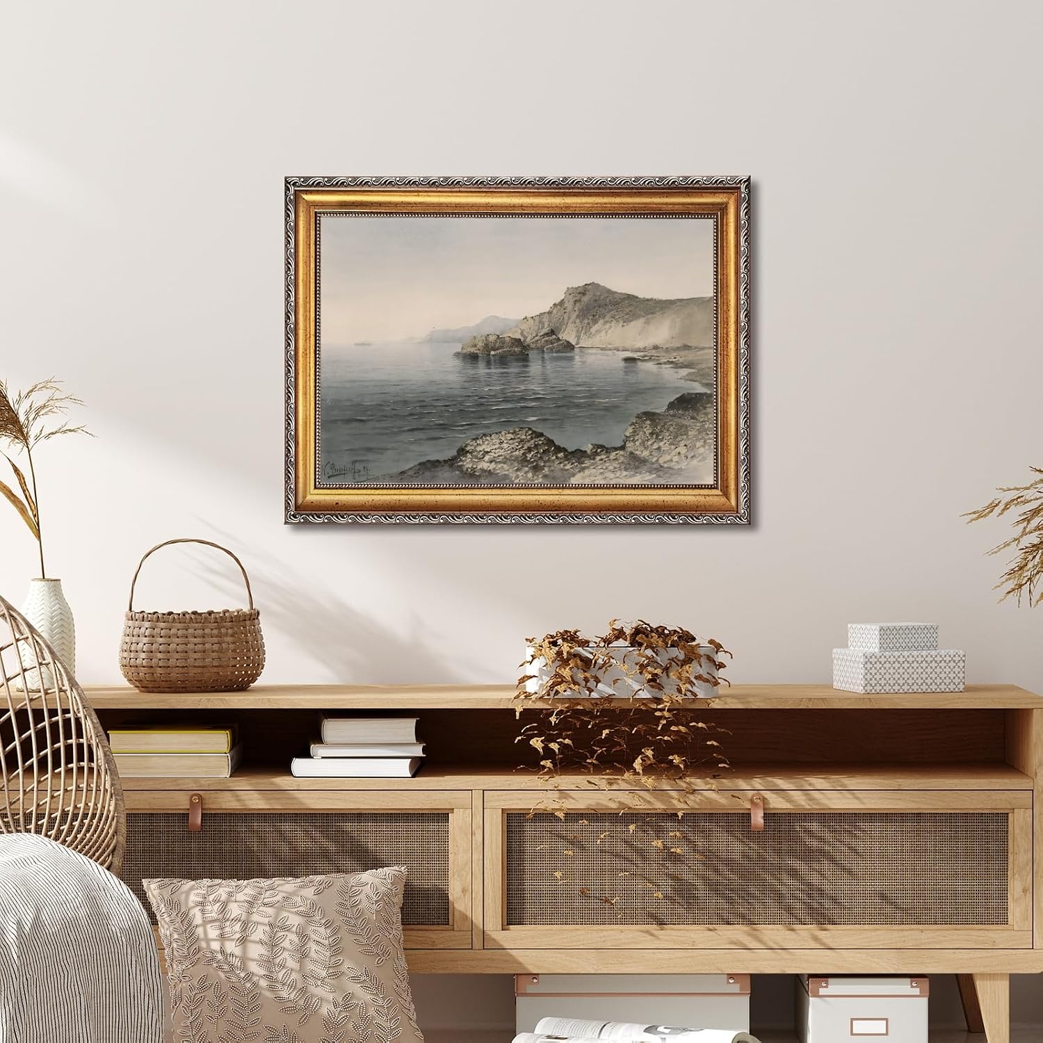 Large Framed Rocky Coastal Cliff Landscape Canvas Wall Art Vintage Classical Seascape Oil Painting Poster European Ocean Shore Artwork Print Rugged Seaside Scenery Bedroom Home Decor 24x36inch