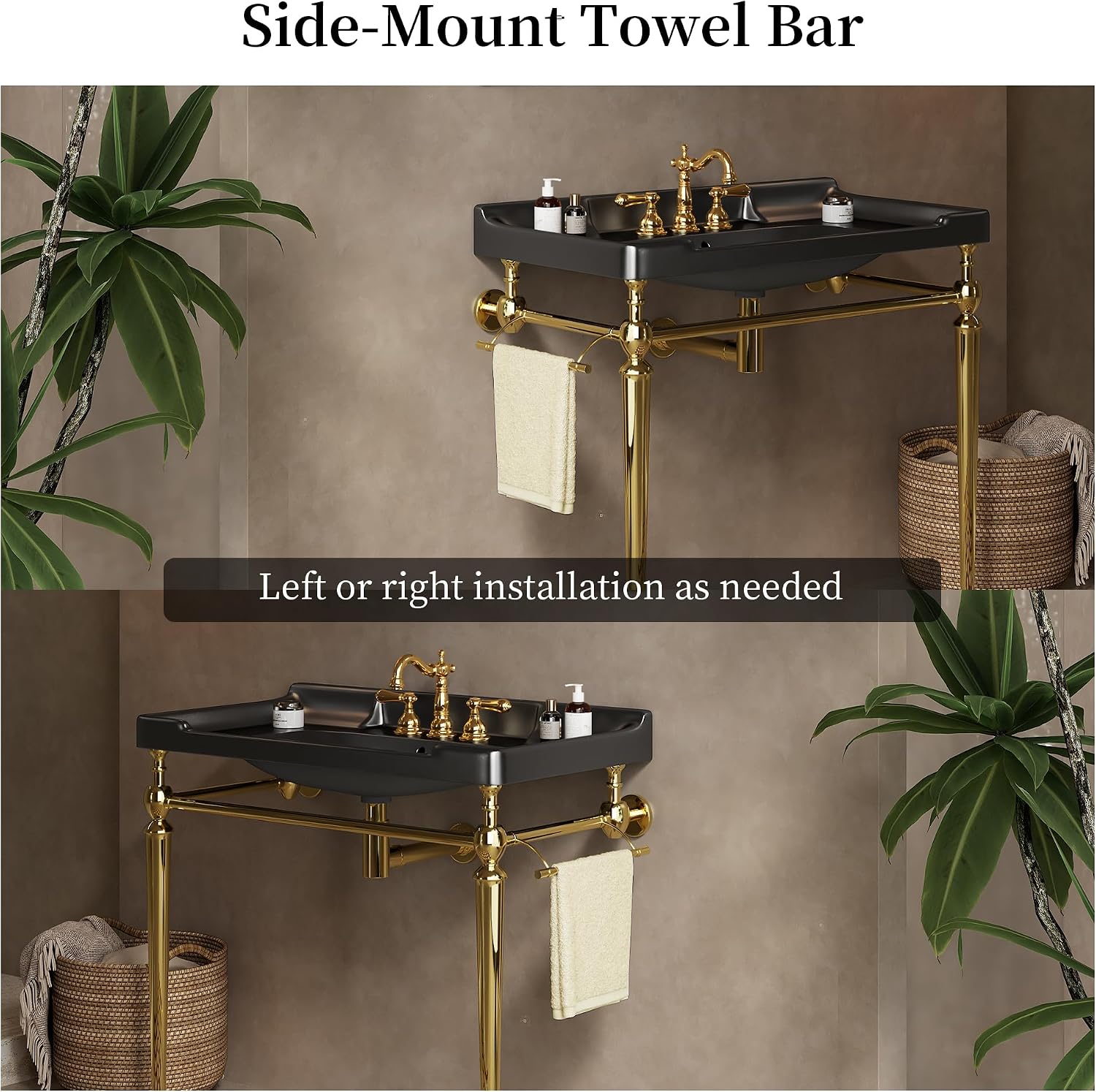 Yayzy 36' Bathroom Vanity with Black Ceramic Sink, Wall-Mounted Console Style, Gold-Finish Stainless Steel Legs & Towel Bar, 3 Faucet Holes, No Faucet