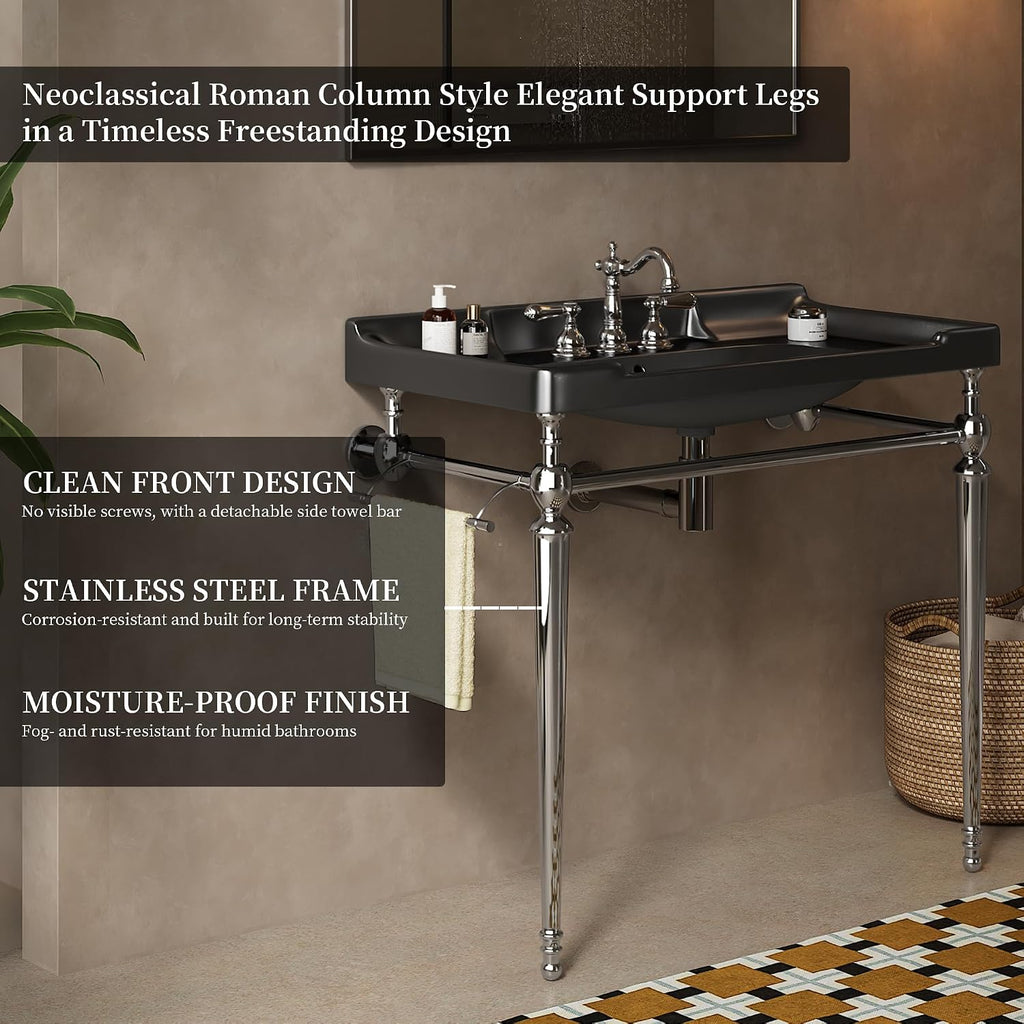 Yayzy 36' Bathroom Vanity with Black Ceramic Sink, Wall-Mounted Console Style, Silver-Finish Stainless Steel Legs & Towel Bar, 3 Faucet Holes, No Faucet