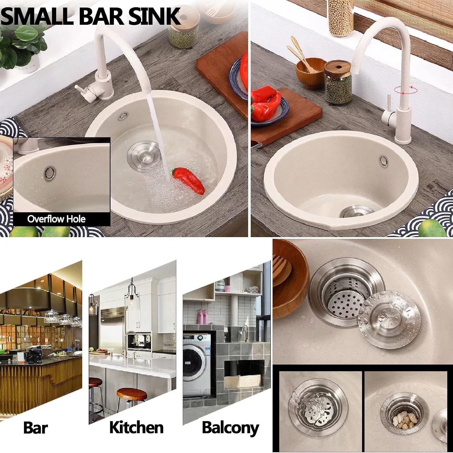 Bar Prep Sink with Accessories, Black Quartz Kitchen Sink Drop in, Small Bar Sink Drop in with Faucet, Dent-Resistant Bar Sink Round Undermount Round Sink Bowls for Bar, Bathroom, Balcony