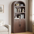 GarveeHome Bookcase with Doors Arched Bookshelf 71.65in Tall Bookcase Farmhouse Cabinet with Shelves Wooden Bookshelves for Home Office, Living Room (Reddish-Brown)