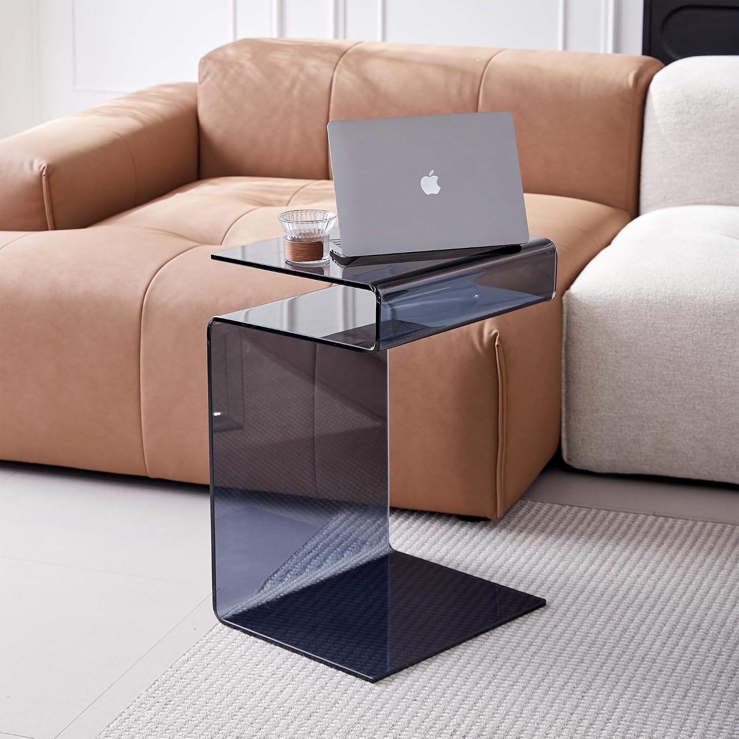 Glass Nightstand End Table, Modern S-Shape Bedside Table for Bedroom, Small Gray Glass Side Tables for Living Room, Sofa Nightstand (Gray S-Shape)