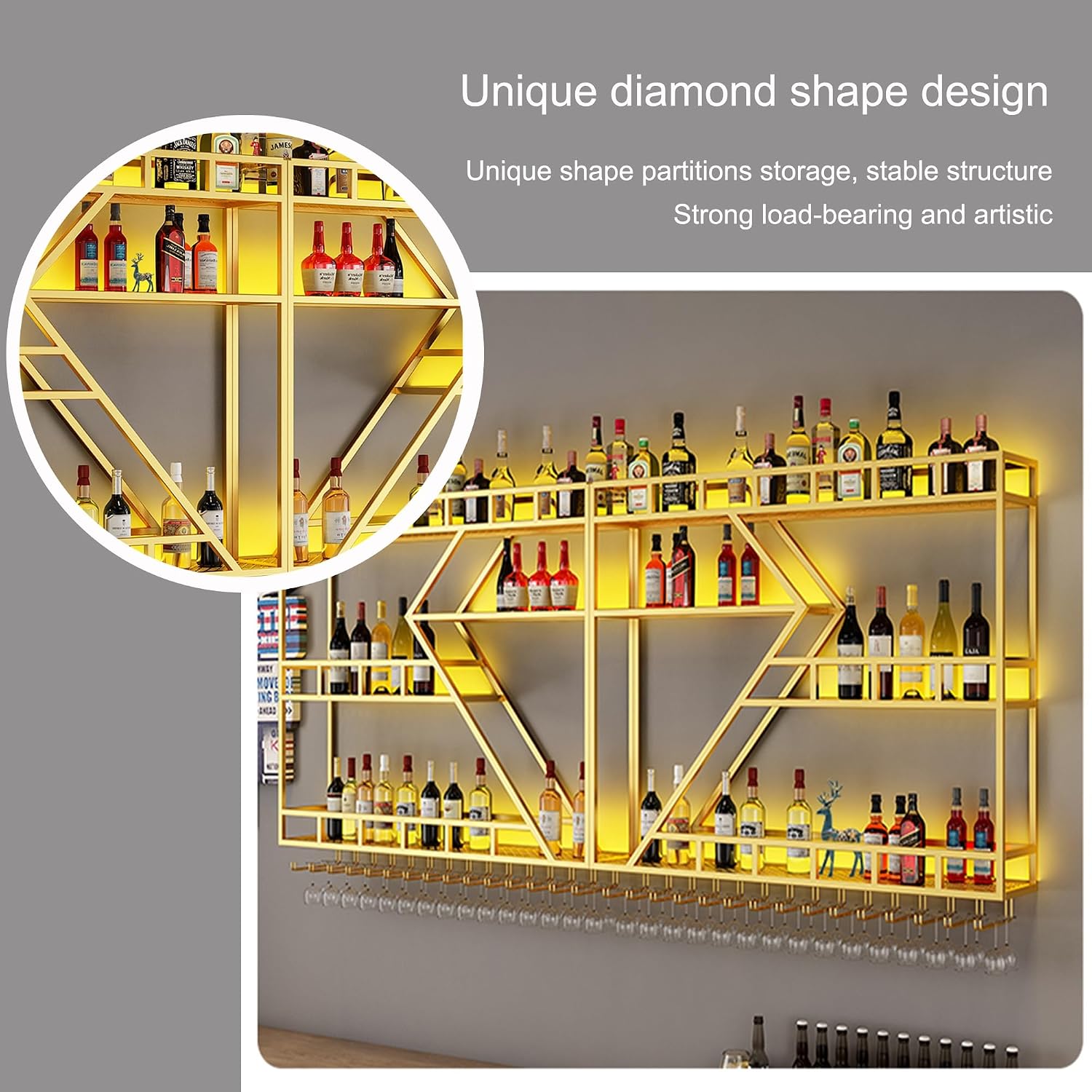 Wall Wine Rack Bar Shelves Liquor Shelf Wall Mounted with LED Light Diamond Shaped 3 Tier with Wine Glass Holder for Liquor Bottles for Home Bar Dining Room Kitchen(Black-Blue Light,200cm(79in))
