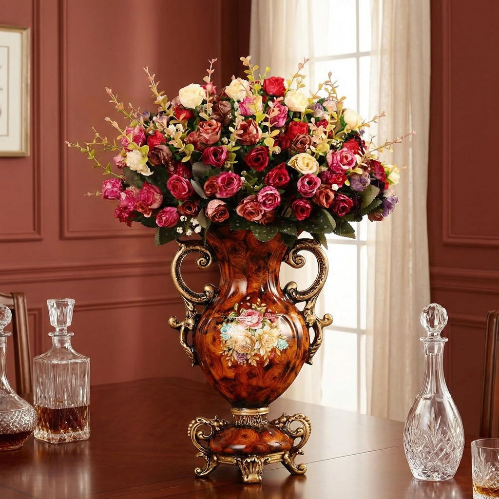 Artificial Flowers in Vase - Vintage Home Decor with Floral Arrangement, Luxury Indoor Table Centerpiece for Living Room, Wedding Party Decoration (European Wood Grain Style)