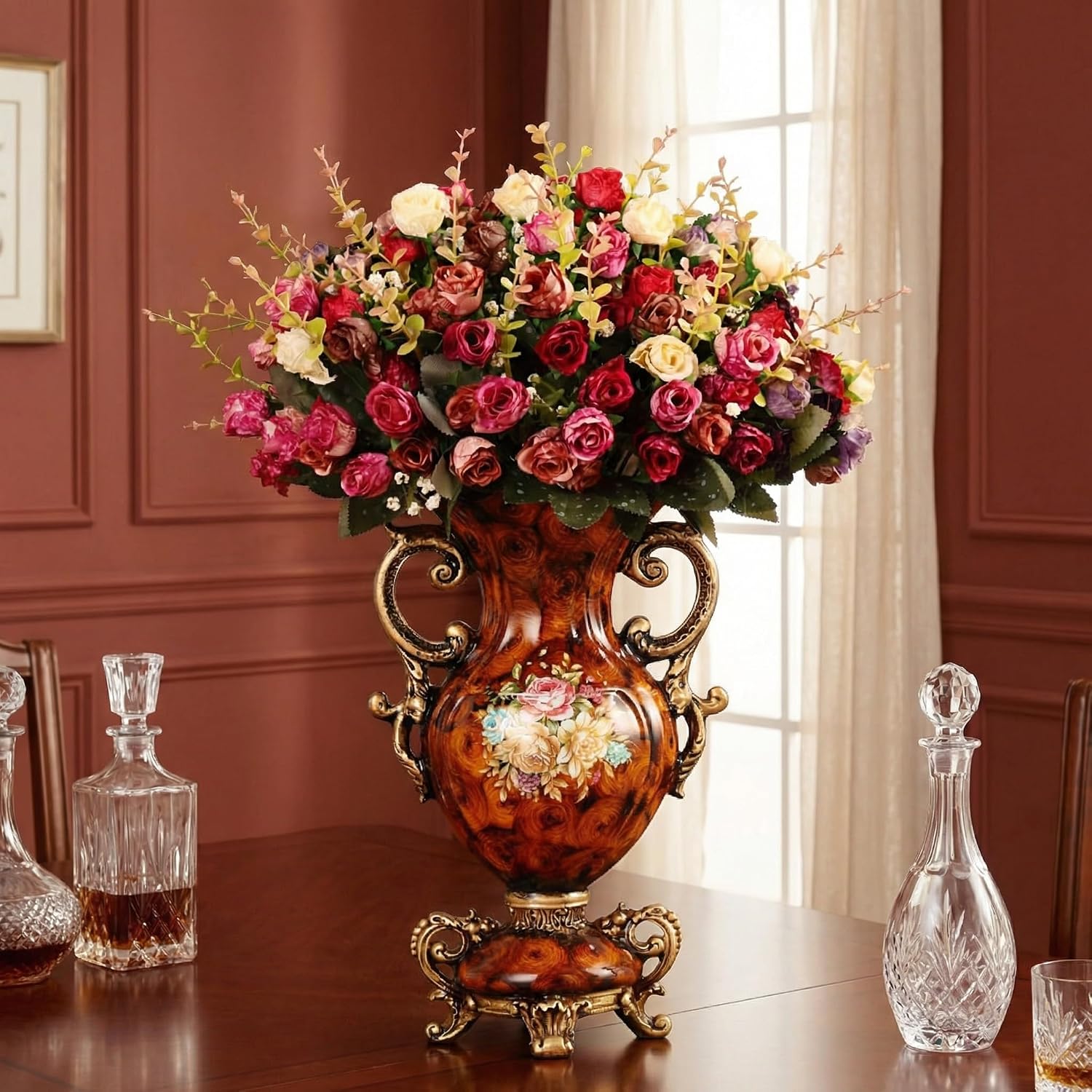 Artificial Flowers in Vase - Vintage Home Decor with Floral Arrangement, Luxury Indoor Table Centerpiece for Living Room, Wedding Party Decoration (European Wood Grain Style)