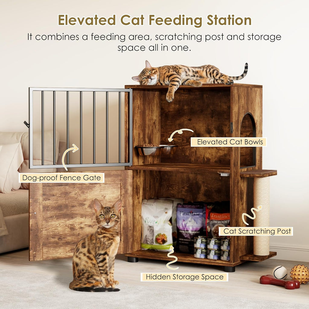 Cat Feeding Station, Dog Proof Cat Feeding Station with Scratching Post, Elevated Food Bowls with Stand, Cats Tree with Food Storage for Small Spaces, Pet House Furniture (Vintage)