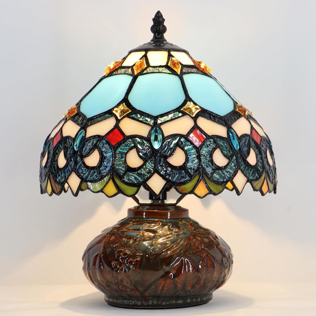Small Tiffany Table Lamp, 10X10X11 Inch Mini Stained Glass Mushroom Desk Light Memory Sympathy Ceramic lamp (Sapphire Style)