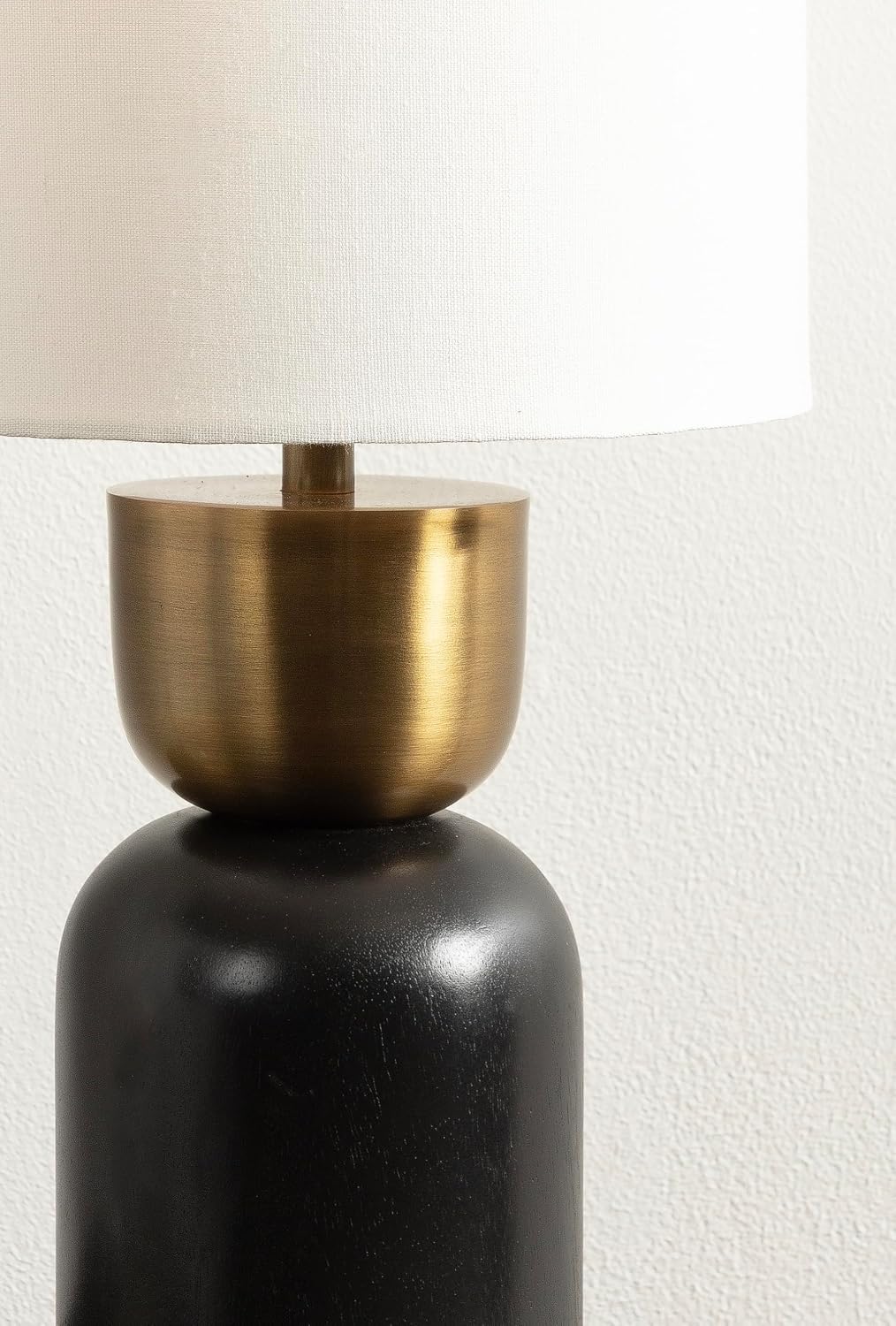 Kate and Laurel Marley Modern Mango Wood and Metal Bedside Table Lamp, 8 x 8 x 17, Antique Brass and Black, Decorative Sculpted Hourglass Tabletop Desk Lamp with Linen Shade for Living Room Decor