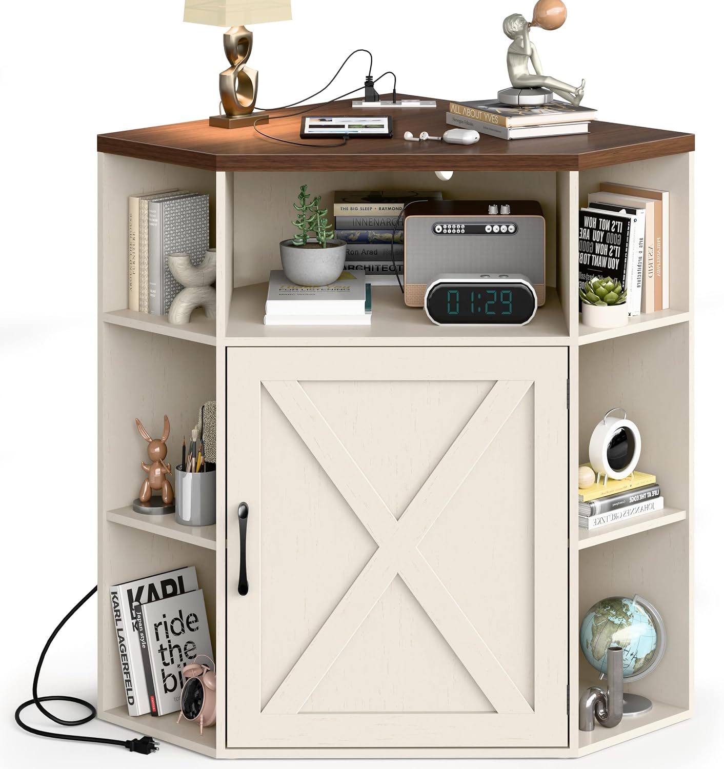 Halitaa Corner Storage Cabinet, 6-Cubby Wooden Cabinet with USB Ports and Outlets, Farmhouse Corner Bookshelf with Storage Industrial Organizer for Study, Playroom, Living Room, White and Brown