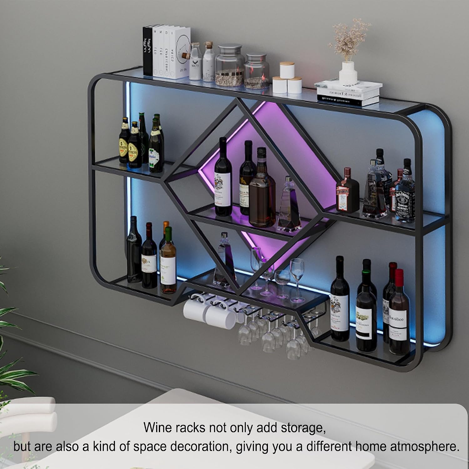 Wine Rack Floating Bar Shelves Wall Mounted Liquor Shelf with LED Light Liquor Bottle Display Shelf with Wine Glass Rack for Home Bar Living Room Restaurant Cafe Kitchen (Black, 120cm)